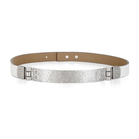 BCBG White Waist Belt Faux Leather Wide Silver Tone Metal Buckle BCBG Wide Waist Belt Ivory Faux Leather w/ Silver Metallic  main image 3